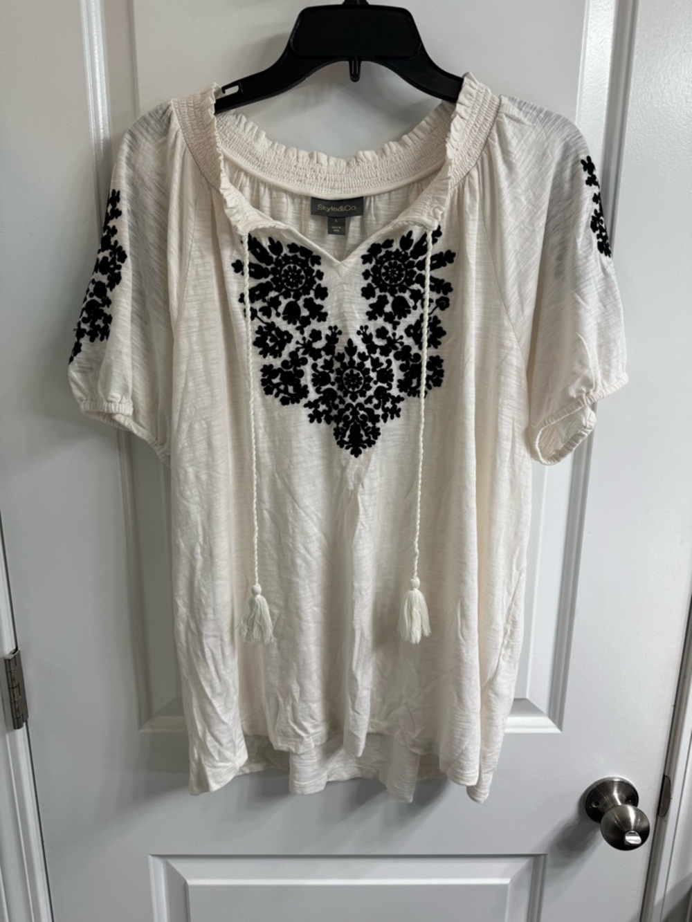 Stylish Ivory Embroidered Peasant Top with Tassel Tie Style and Co